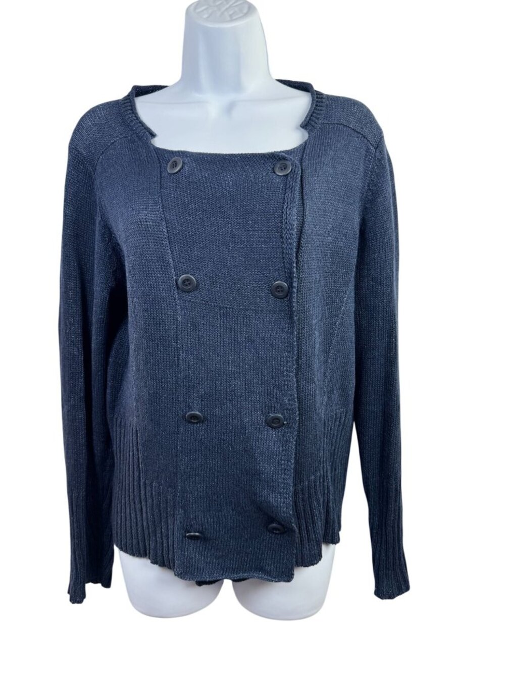 Eileen Fisher Double Breasted Navy Blue Linen Cotton Knit Sweater Womens Size Me